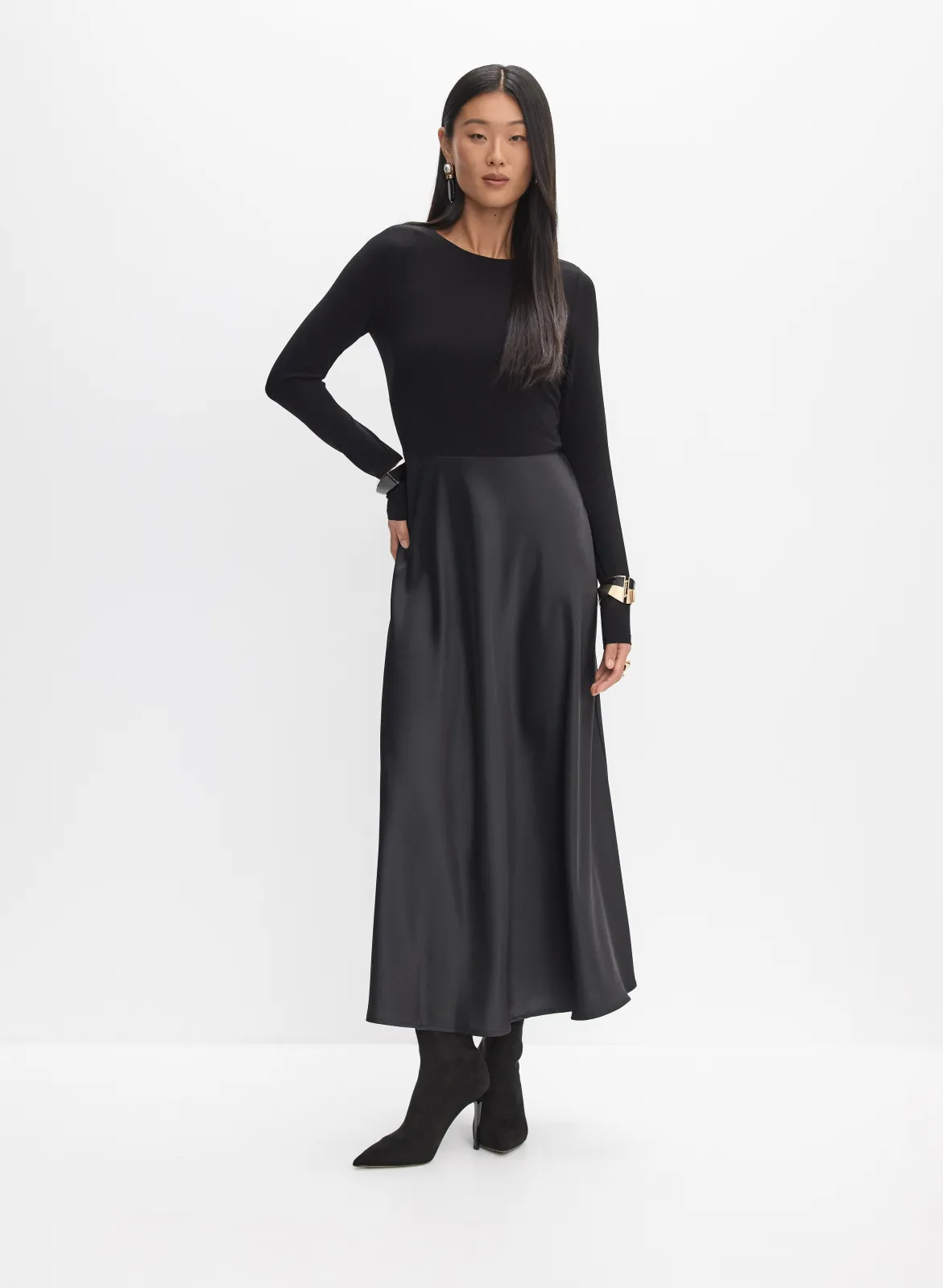 Satin-Knit Combination Dress